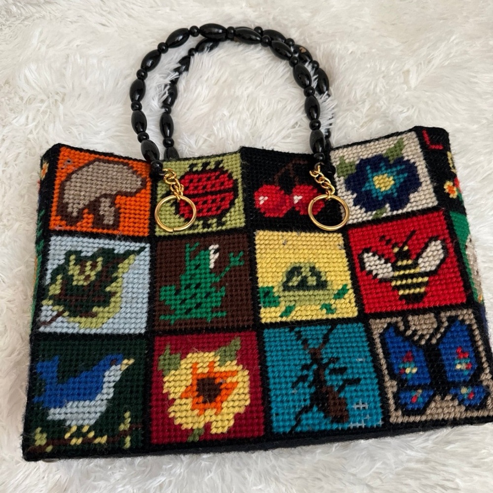 Vintage 1970s Needlepoint Ecology Tote Bag